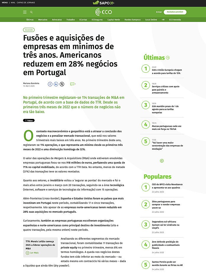 Fuses e aquisies de empresas em mnimos de trs anos. Americanos reduzem em 28% negcios em Portugal